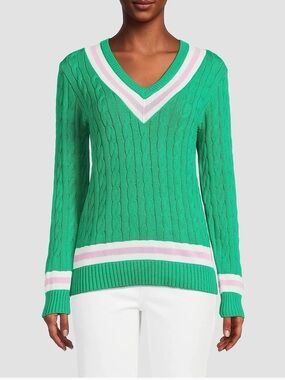 NEW Lilly Pulitzer Brockton Kitts Green Pink Bliss Cable Knit V-Neck Sweater